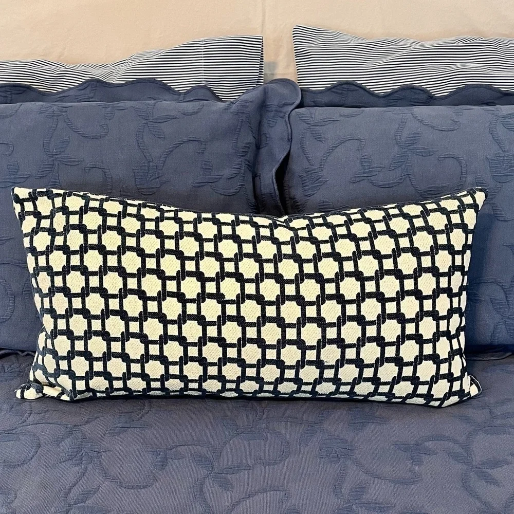 Blue and Tan Feather Bolster Accent Pillow Rectangle Geometric